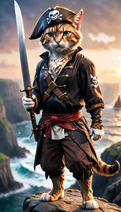 filmposter,Dressed in a cute cat pirate one-piece，Wears a Stave hat，He raised his saber，standing on cliff，Looking down at the rough sea，A new dawn has risen on the horizon, high quality photography, three point lighting, Flash with softbox, 4K, Canon EOS R...