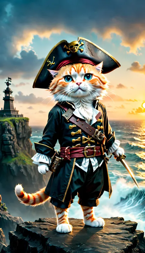 《pirates of the caribbean》filmposter,Dressed in a cute cat pirate one-piece，Wears a Stave hat，He raised his saber，standing on cliff，Looking down at the rough sea，A new dawn has risen on the horizon, high quality photography, three point lighting, Flash wit...