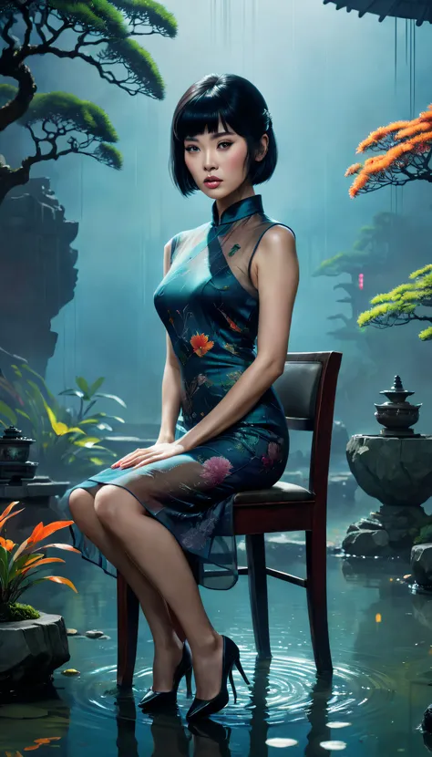 《blade runner 2049》(filmposter)，anna sterling, thin sheer cheongsam dress, black hair, sit on chair,rock garden and pond, bonsai...