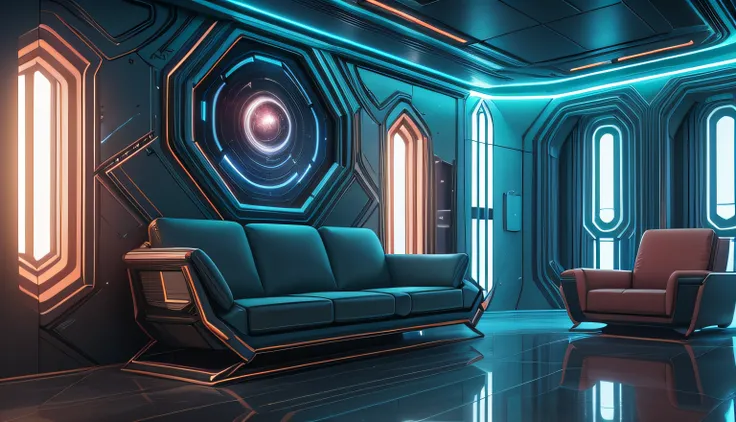 There is a room with sofa and chairs, a room with light, detailed matte paintings by senior environmental artists, 3D renderings inspired by Syd Mead, digital art, futuristic room, sci-fi interior, sci-fi room, futuristic interior, sci-fi engine room livin...