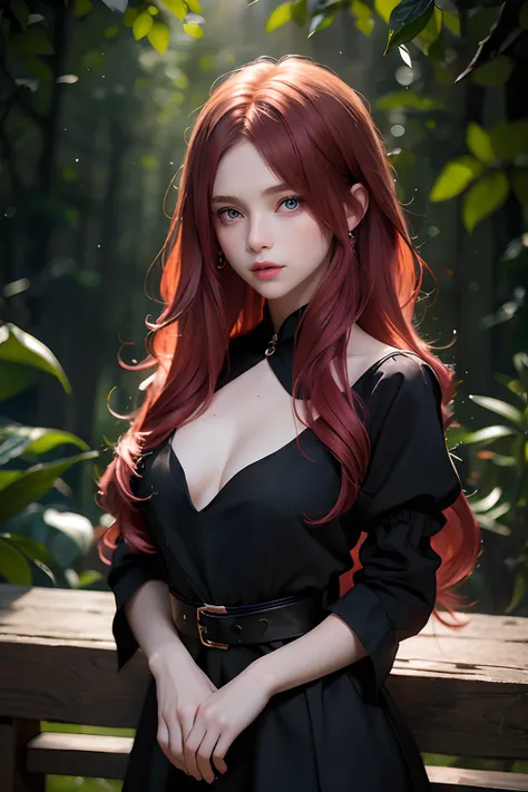 A 10-year-old girl with long red hair, heterochromia eyes, pale skin, flat chest, wearing a black dress paired with a refreshing pink shirt, with a more elegant and delicate touch, something that matches her mysterious and strong personality. Overall, her ...