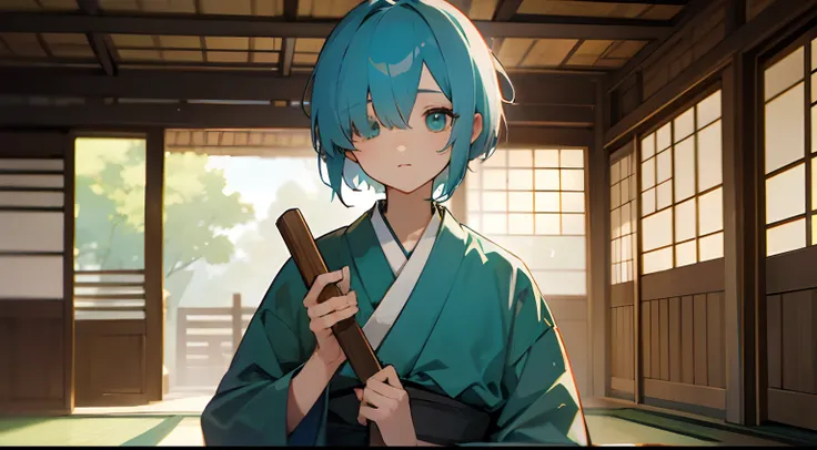 lightblue hair、(One eye is hidden)、Green eyes、monk clothes、Interior of a wooden building at noon、Tatami mats、Upper body is shown、