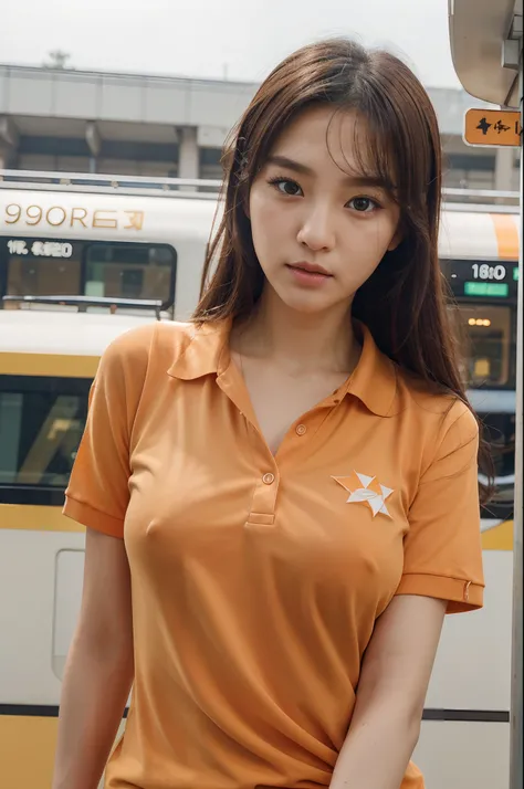 photograph of-realistic (1 cute Korean star) flipped hair, thin makeup, medium breasts size, Orange polo shirt, At the train station, clear facial features of Canon EOS, 16k, high resolution, sharp and realistic details,  Overexposure, cut-in, hyper HD, A ...