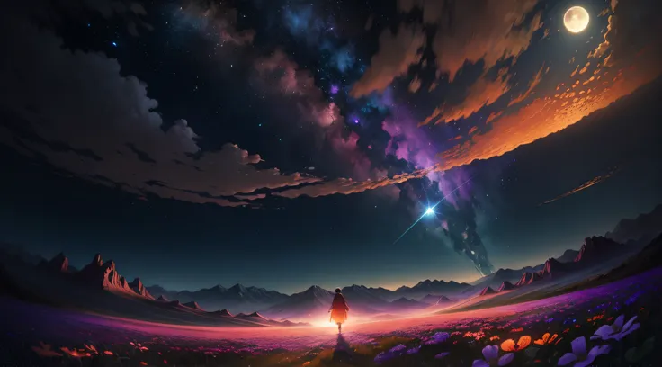 A wide landscape photo, (viewed from below, the sky is above, and the open field is below), a girl standing on a flower field looking up, (full moon: 1.2), (meteor: 0.9), (nebula: 1.3), distant mountains , Trees BREAK Crafting Art, (Warm Light: 1.2), (Fire...