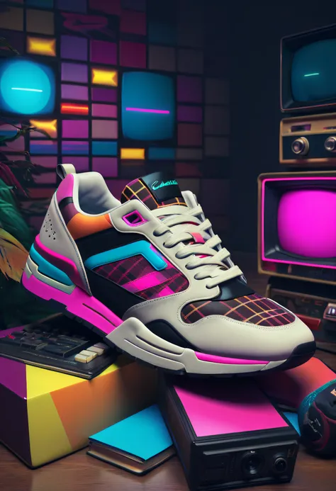 some sneakers with retro art design,retrowave, charles spencelayh. grid based,
daniellieske, new romanticism. gamercore