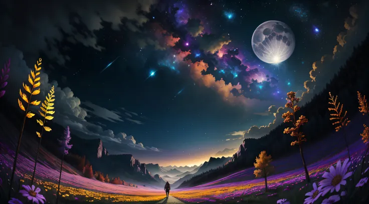 A wide landscape photo, (viewed from below, the sky is above, and the open field is below), a girl standing on a flower field looking up, (full moon: 1.2), (meteor: 0.9), (nebula: 1.3), distant mountains , Trees BREAK Crafting Art, (Warm Light: 1.2), (Fire...