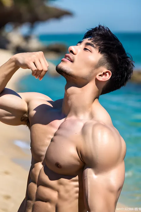 Masterpiece, Best Quality, Solo, Korean Men, Beach background, bodybuilder, Muscular body, big muscle, Natural eyes, Short and delicate hair, Sexy Man, looking up at viewer, Triangle Mens Swimwear, Large protrusions, Erection, Muscular posture