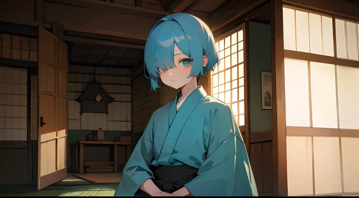 lightblue hair、(One eye is hidden)、Green eyes、monk clothes、Interior of a wooden building at noon、Tatami mats、Upper body is shown、