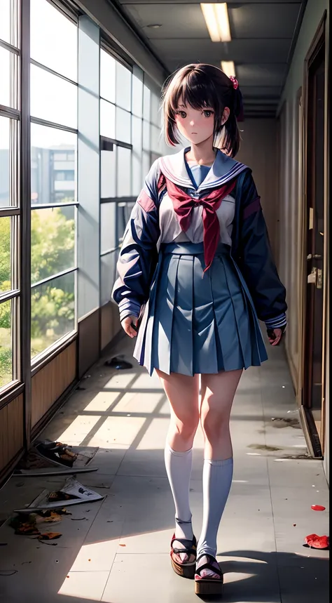 Japanese Style Ánime, High School Girl Ghost, Coleggial roupas de escola, Flying into rooms of an abandoned school, embarrassed because she urinated in the school hallway