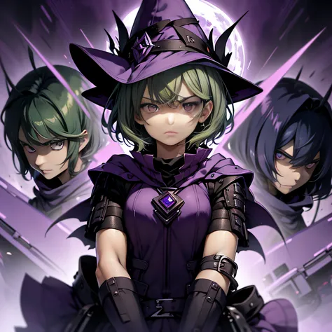 top-quality、extremely delicate and beautiful、(A teenage girl)、Purple Eye、Green hair、short-haired、(purple witch hat)、Purple tie、Tactical Vest、Soio、shortsleeves、Purple skirt、Purple Wizard Robe、Navel、is standing、Facing the front、Expression of hatred、Dark back...