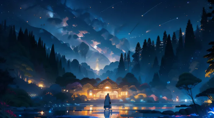 master part, gorgeous, Landscape, (((DDIM_HumaDDIMs))), Noite, flor, Jardim, Starry sky, constellations, atordoante, vista, water, quente, aconchegante, peaceful, Meteoro, cosmico, Magic, magia, particuls, Justo, ((Pirilampos))