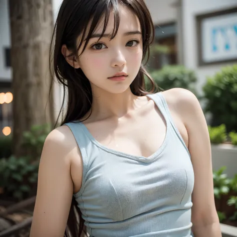 (masutepiece, Best Quality:1.5), 8K, 18year old, 85 mm, Official art, Raw photo, absurderes, violaceaess, gardeniass, Upper body, close up, Solo, Delicate girl, (Tank top, Cinch West:1.2), Street, Bokeh background, Looking at Viewer, natural, Candid, (Summ...