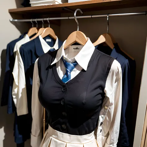 school uniform, (invisible:1.7, no humans:1.7, headless:1.7, handless, faceless:1.7), (cute big breasts:1.5), (close-up shot of breasts) , (hanger school uniforms in a closet swells as if an invisible girl is wearing it:2), (girls busty uniforms begins to ...