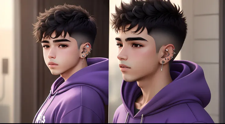 Hispanic boy with ear piercings, wearing a purple hoodie