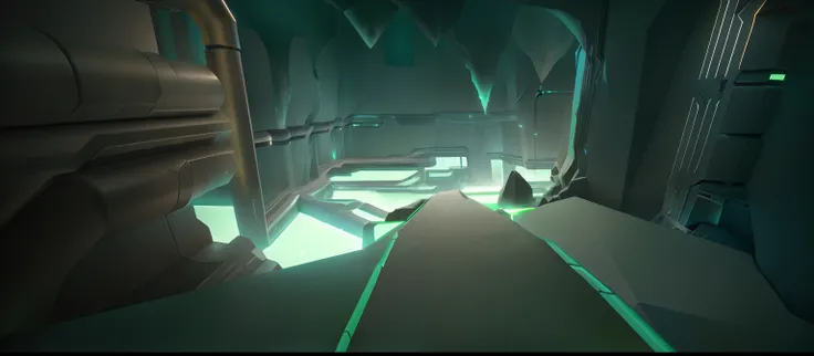 There is a picture of a futuristic room with a green light, unity screenshot, industrial futuristic ice mine, video game screenshot>, cave system, game screenshot, icy road on a planet of lava, First-person screenshot, rendered in nvidias omniverse, pc scr...