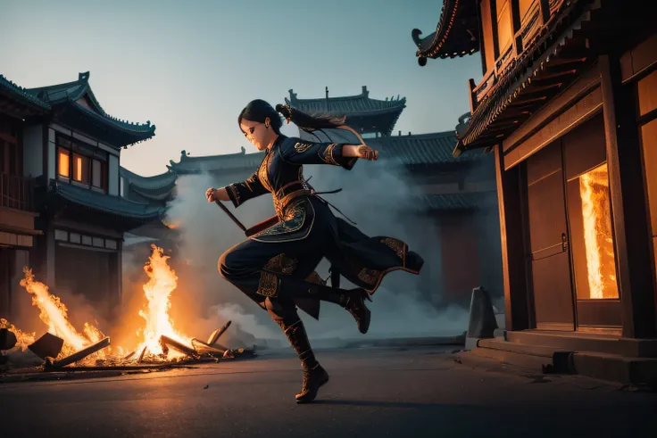 (full body shot:1.4), 1girl, Chinese girl, long hair, magic thief, (dressed) in traditional Chinese clothes, (night time), leaping from an exploding window on fire, ancient Chinese city in the back ground, natural skin, high detailed face, morbid, dark, re...