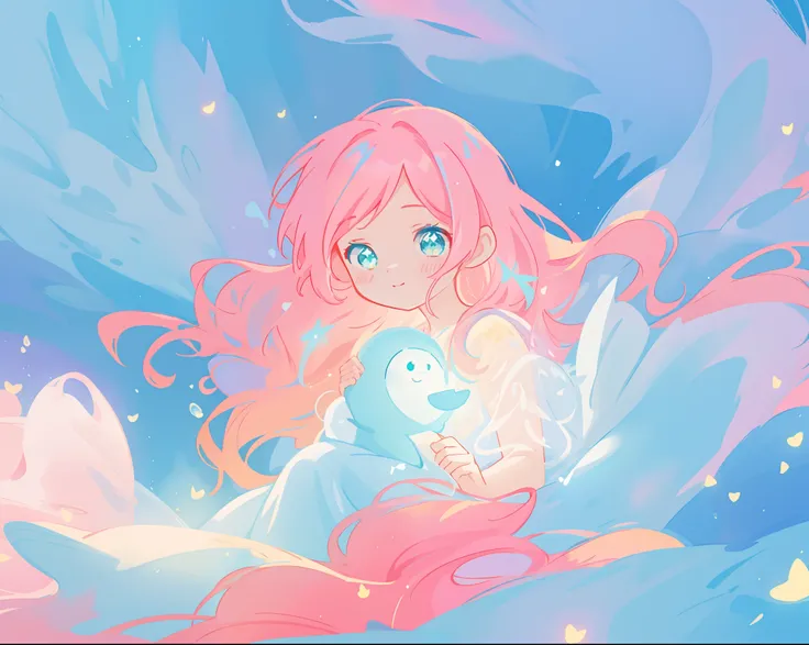 beautiful girl in flowing white dress, vibrant pastel colors, (colorful), magical lights, long flowing colorful pink hair, otherworldly aqua and blue landscape background, inspired by Glen Keane, inspired by Lois van Baarle, disney art style, by Lois van B...