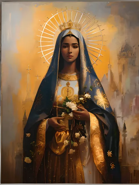 Painting of a black woman holding a bouquet of flowers in her hands, majestosa mulher de santo,fundo  ceu, Retrato da Virgem Maria, Directed by: Márkus Csaba,padroeira do Brasil, Nossa senhora aparecida, Santo de ouro bonito, pele escura deusa feminina do ...