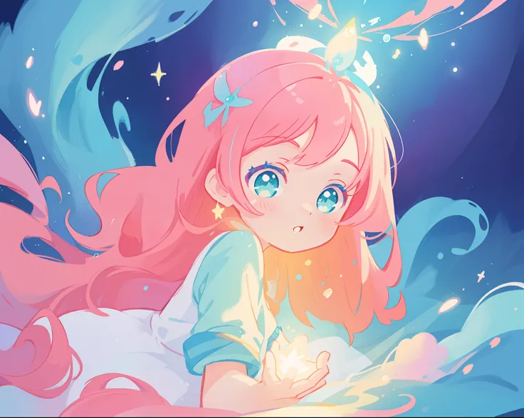 beautiful girl in flowing white dress, vibrant pastel colors, (colorful), magical lights, long flowing colorful pink hair, otherworldly aqua and blue landscape background, inspired by Glen Keane, inspired by Lois van Baarle, disney art style, by Lois van B...