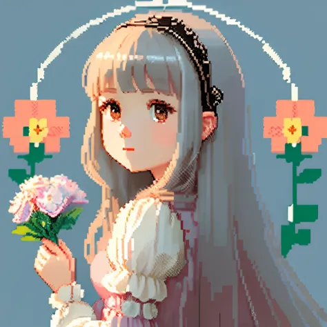 Pale light blue antique dress、Girl with long hair in pink-brown color with a dark dull brown、Blunt bangs、Look back and look at this.、Pixel art、Pixel Art Illustration、pixels、Plain background、Upper body、For icons、pixels_Art Book,Composition centered on the f...