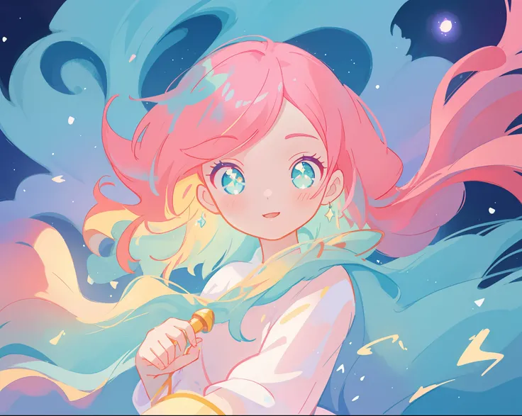 beautiful girl in flowing white dress, vibrant pastel colors, (colorful), magical lights, long flowing colorful pink hair, otherworldly aqua and blue landscape background, inspired by Glen Keane, inspired by Lois van Baarle, disney art style, by Lois van B...