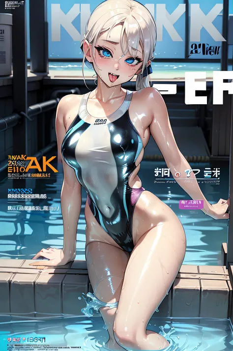 (Magazine Cover:1.8)、Open legs、 pretty 1girl, top-quality、The ultra -The high-definition、hight resolution、extremely details CG、8K Unit Wallpapers、20yr old、Beautiful detailed eyes,Platinum Blonde Hair、pigtail hair、(((Competition swimsuit with lines、competit...