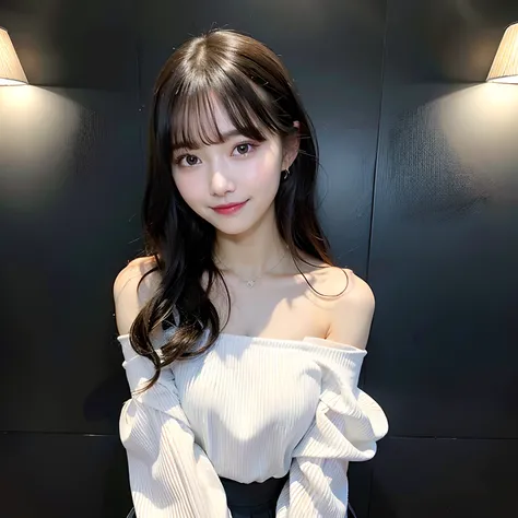 hight resolution,masutepiece,Best Quality,Extremely detailed, hyper realisitic, girl with,hair wavy, a smile, black pleats skirt, white See-through shirt, off shoulder, clavicle, Drinking a fashionable coffee , close one eye , Very beautiful,cute, 8K Wallp...