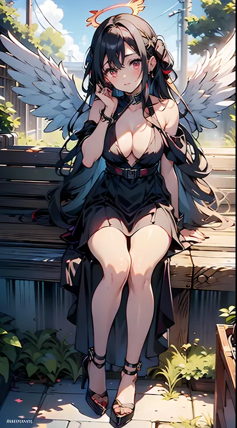 Angels, halos, wings, discolored wings ��1girl, breasts, solo, hasumi (blue archive), black hair, long hair, wings, red eyes, large breasts, high heels, halo, cleavage, black wings, black footwear, looking at viewer, hair between eyes, sitting, dress, mole...