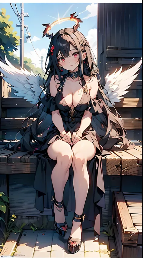 Angels, halos, wings, discolored wings ��1girl, breasts, solo, hasumi (blue archive), black hair, long hair, wings, red eyes, large breasts, high heels, halo, cleavage, black wings, black footwear, looking at viewer, hair between eyes, sitting, dress, mole...