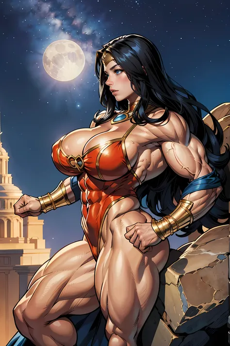 DC Comics, Eloise Mumford dressed as a Dejah Thoris, by Frank cho and HR Geiger, barsoom, (sexy), flying, detailed background, night time, ((((huge muscles))))