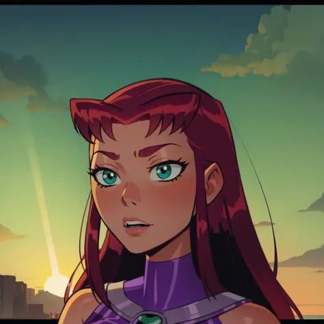 starfire, dark green eyes, reddish hair, green eyes