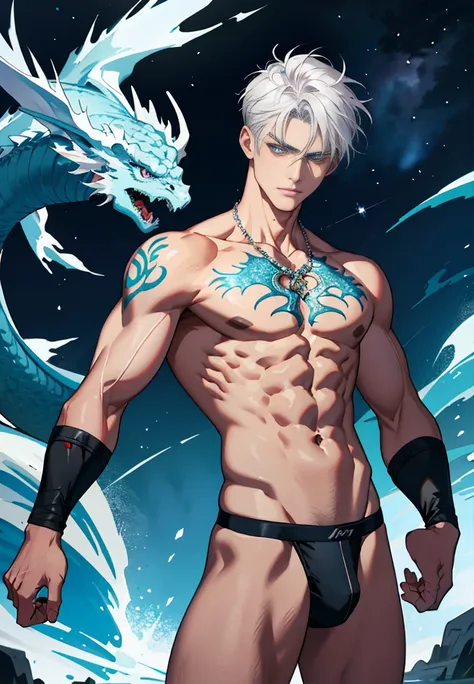 In the bright galaxy，Accompanied by a crystal dragon，The dragon accompanied the boy，White and tender skin，Jewel-colored tattoos，Silver hair，Hot teenage flesh, A meticulous face，Handsome face，18 year old young beautiful man，Handsome guy，Muscle Junior，Tall f...