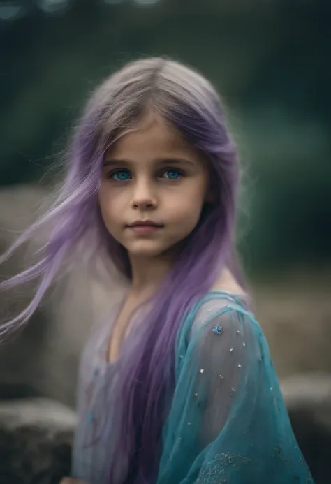 A beautiful girl, about 8 years old. The girl has long light blue hair, straight hair, ((messy)) hair, bangs)) and big blue eyes. The girl wears a turquoise tunic and purple tide pants. Greek templo ruins background. Starry night sky.