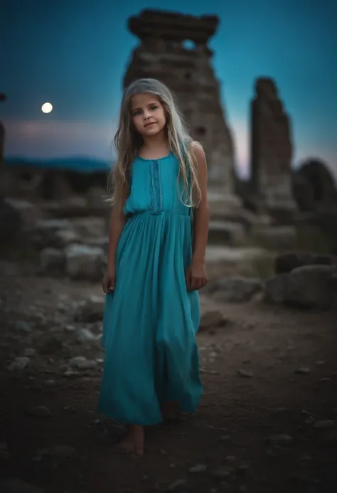 A beautiful girl, about 8 years old. The girl has long light blue hair, straight hair, ((messy)) hair, bangs)) and big blue eyes. The girl wears a turquoise tunic and purple tide pants. Greek templo ruins background. Starry night sky.