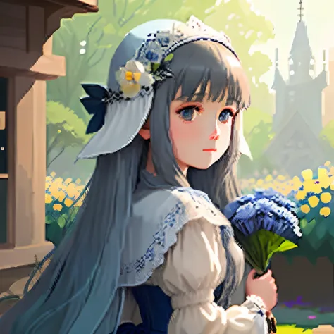 Pale light blue antique dress、Girl with long hair in a dull blue-brown color、Blunt bangs、Look back and look at this.、Pixel art、Pixel Art Illustration、pixels、Plain background、Upper body、For icons、pixels_Art Book,Composition centered on the face、Straight fac...