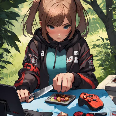 Gamer girl holding a knife