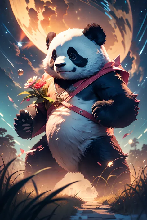 amazing panda standing in the clouds staring up as the stars, stars floating around panda, brilliant colors, amazing swirls of c...