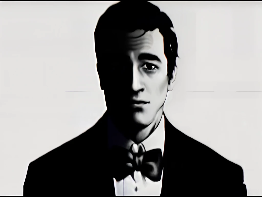 arafed image of a man in a tuxedo early screen test, grainy black and white footage, videotape still from 1985, movie realistic.