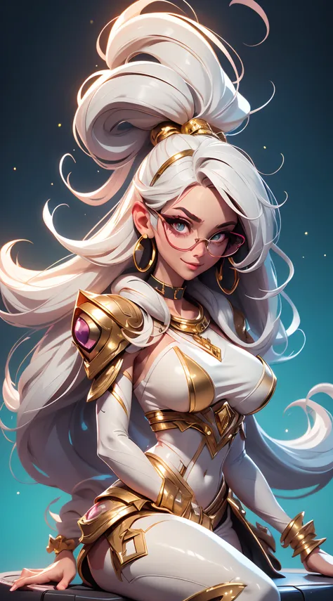 A fantz monster design, Cute robots in space [style-rustmagic]，female robot，Half-human, tmasterpiece，（tmasterpiece，top-quality，best qualityer），1girll， jewely，耳Nipple Ring，choker necklace，bangle，  hoop earings， circle glasses，sun glasses， Long hair and long...