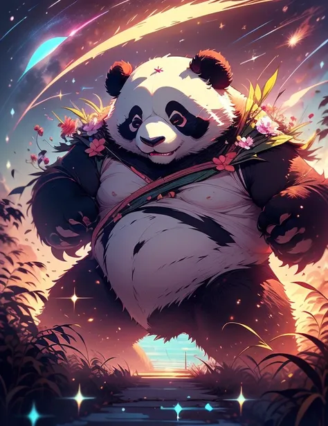 Panda standing in the clouds staring up as the stars, stars floating around pamda, brilliant colors, amazing swirls of cosmic dust, colorful vibrant, light particles, Create digital artwork in the Pop Art style, Featuring a vibrant and confident panda，stre...