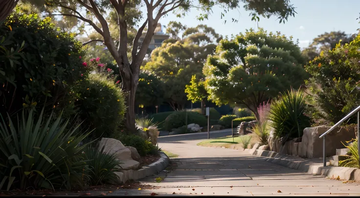 a hyper realistic photography of Kings Park in Perth, Western Australia, no people, Nikon D850 DSLR 4k camera, 100mm lens, F 1.2 aperture setting, bright and natural lighting, vibrant, fun and relaxing atmosphere