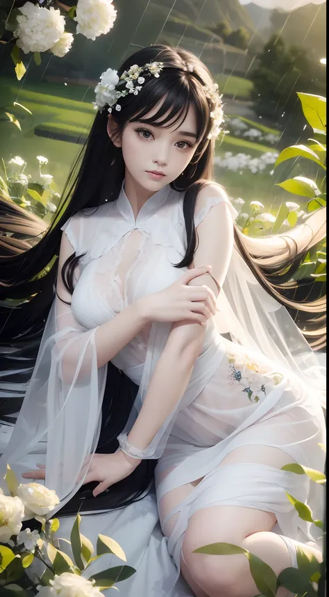 1 girl, full body photo, black hair, flowing hair, hazy beauty, extremely beautiful facial features, white embroidered dress, hairpins on her head, lying in a flower bush, hand dragging chin, perfect hand, white flower, (spring, rainy day, terraces, mounta...