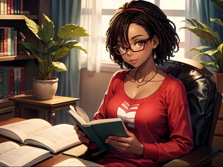 African woman with black features,  bespectacled, lendo um livro, sentada de lado, blusa vermelha