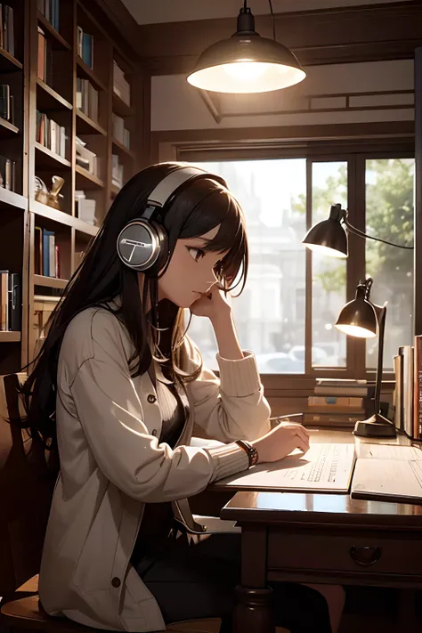 a woman sitting at a table with headphones on her ears and a bookcase in the background with a lamp on, artist, serial art, computer graphics, art station