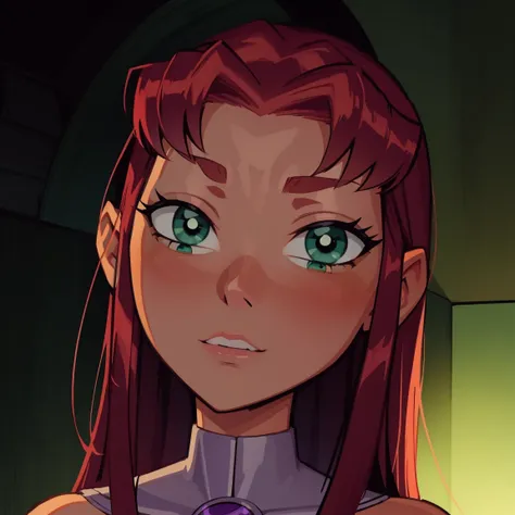 Starfire, dark green eyes, reddish hair, green eyes, cute eyes, dark background