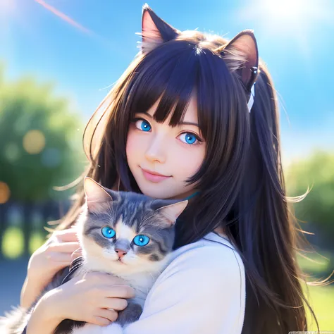 Anime cat girl with blue eyes and sun on background, anime cat, anime visual of a cute cat, realistic anime cat, cute detailed digital art, anime art wallpaper 4k, anime art wallpaper 4k, very very beautiful furry art, beautiful anime catgirl, Very Beautif...