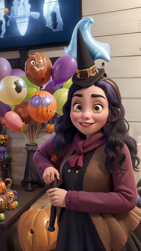 (best quality, master part), Girl with witch hat in Disney Pixar cartoon style, olhos negros, cabelos negros, In the background colorful balloons and Halloween decoration