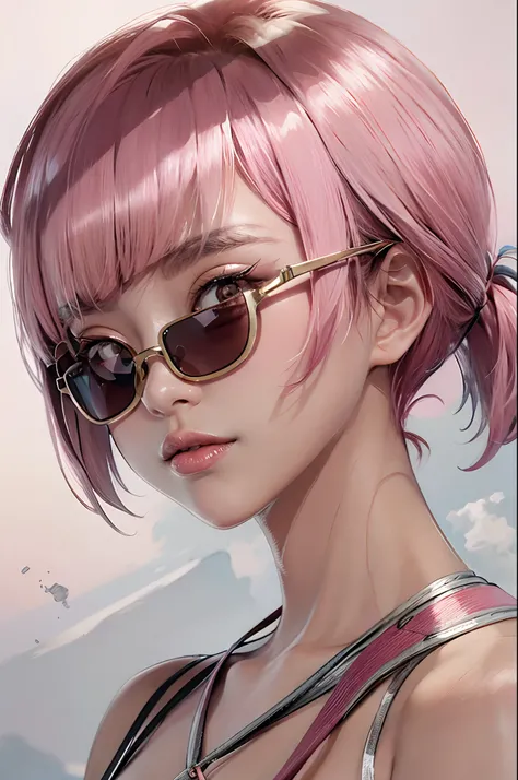 Pink hair,, Blunt bangs, 1girll,Solo, ornate hair, Photorealistic, high resolution, One girl, Korean, Summer, Cowboy shot, sunglasses