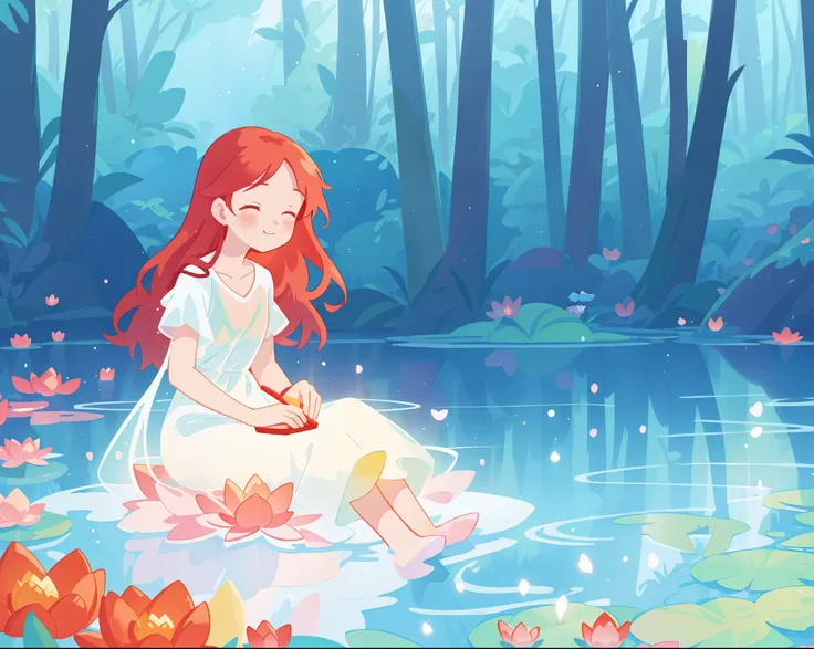 beautiful girl in white sitting in the water, long red hair, magical forest background, red water lilies in the water, beautiful lake of water, watercolor illustration, disney art style, glowing aura around her, glowing lights, beautiful digital illustrati...