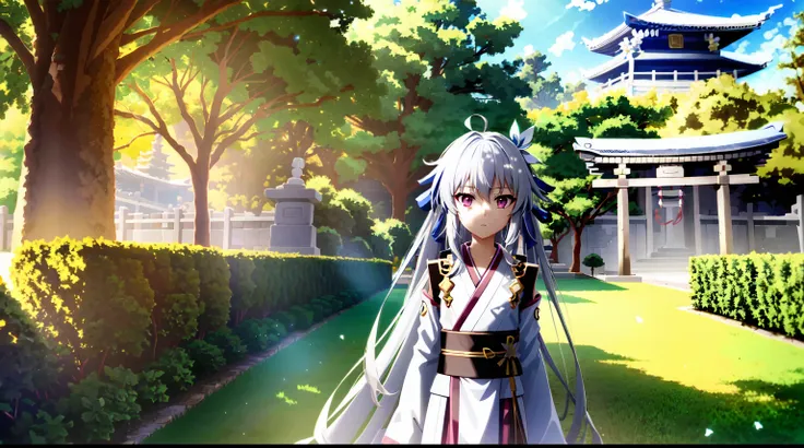 cute very little girl from fate kaleid liner has long silvery-white hair,pink eyes,wearing beads kimono and very long skirt,bead...